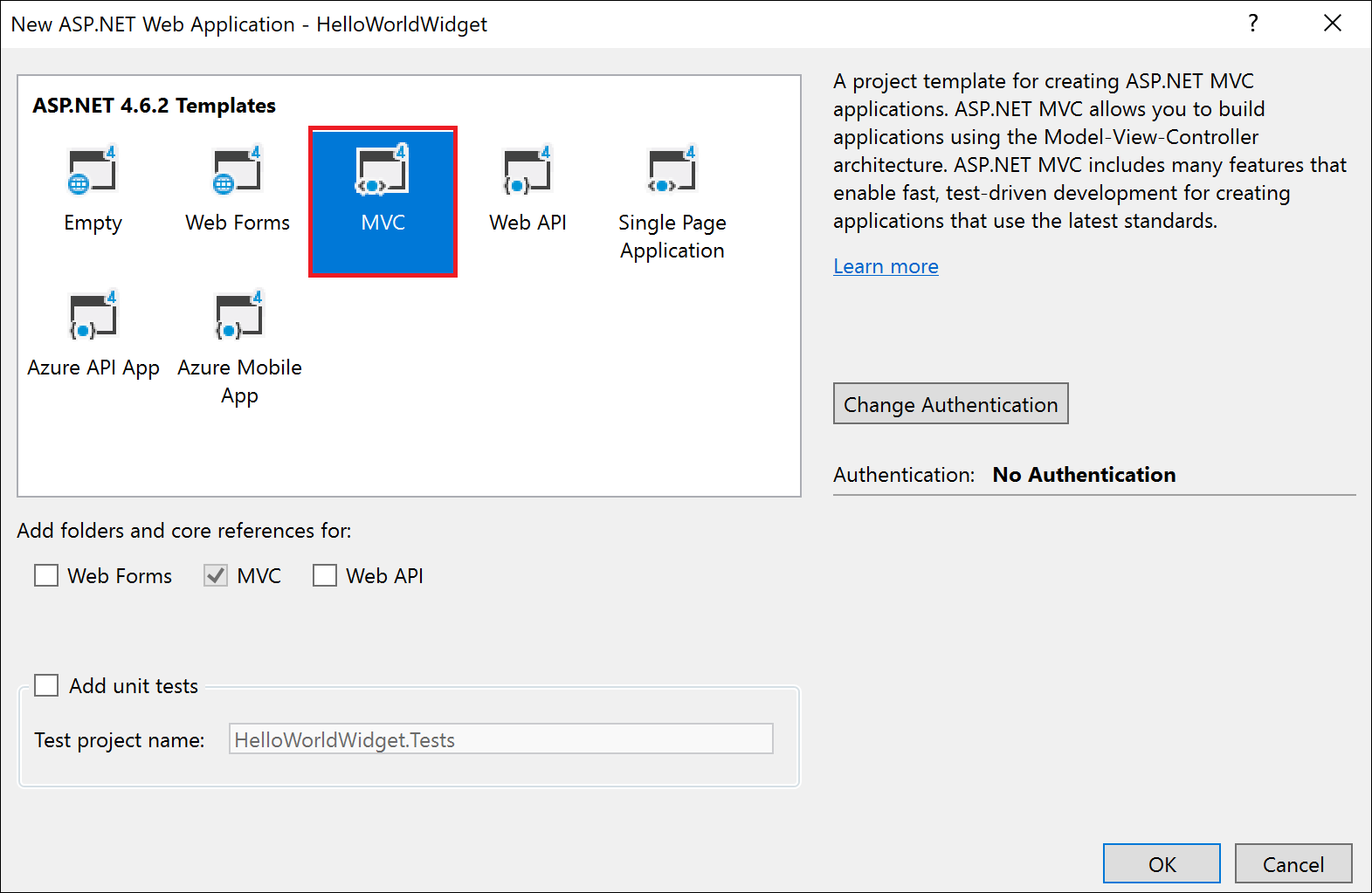 Select MVC template for your application.