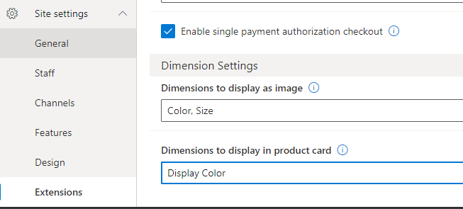 Example of site settings in Commerce site builder.