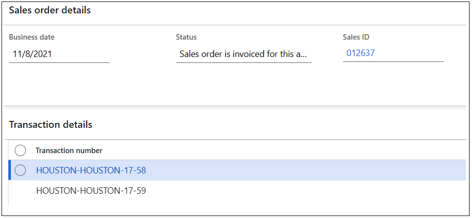 Transaction details FastTab of an aggregated transaction.