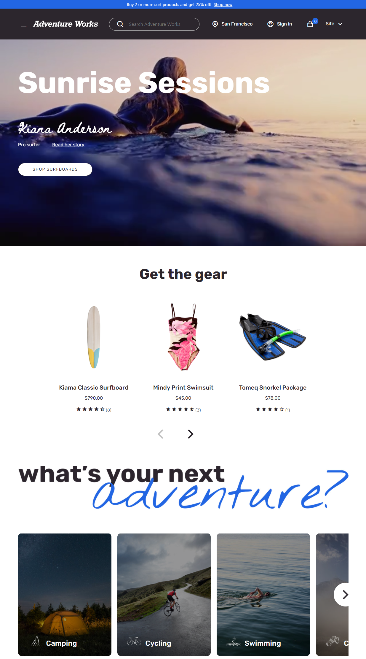 Example of a home page that uses the Adventure Works theme