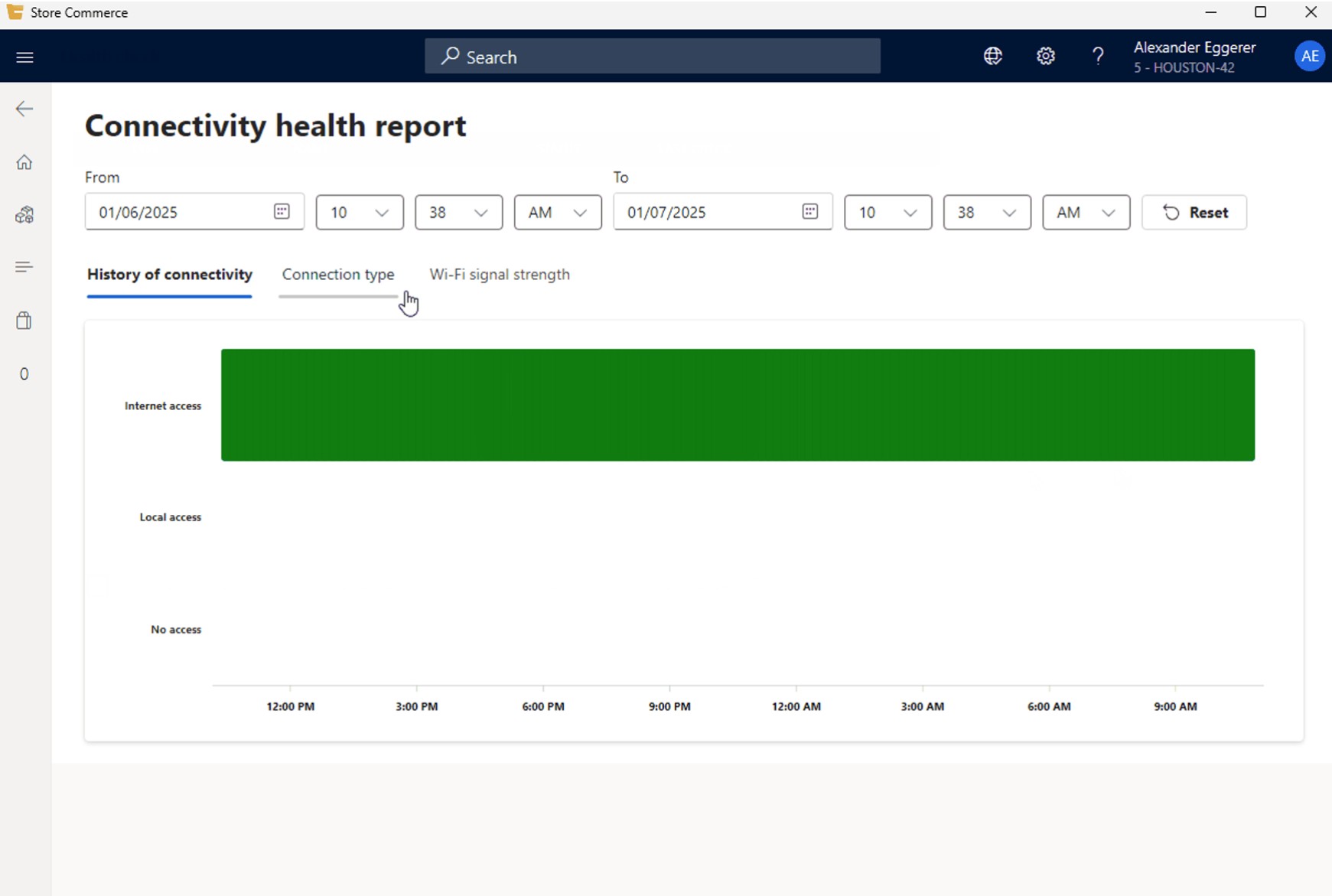 Screenshot that shows an example of a History of connectivity chart on the Connectivity health report page.