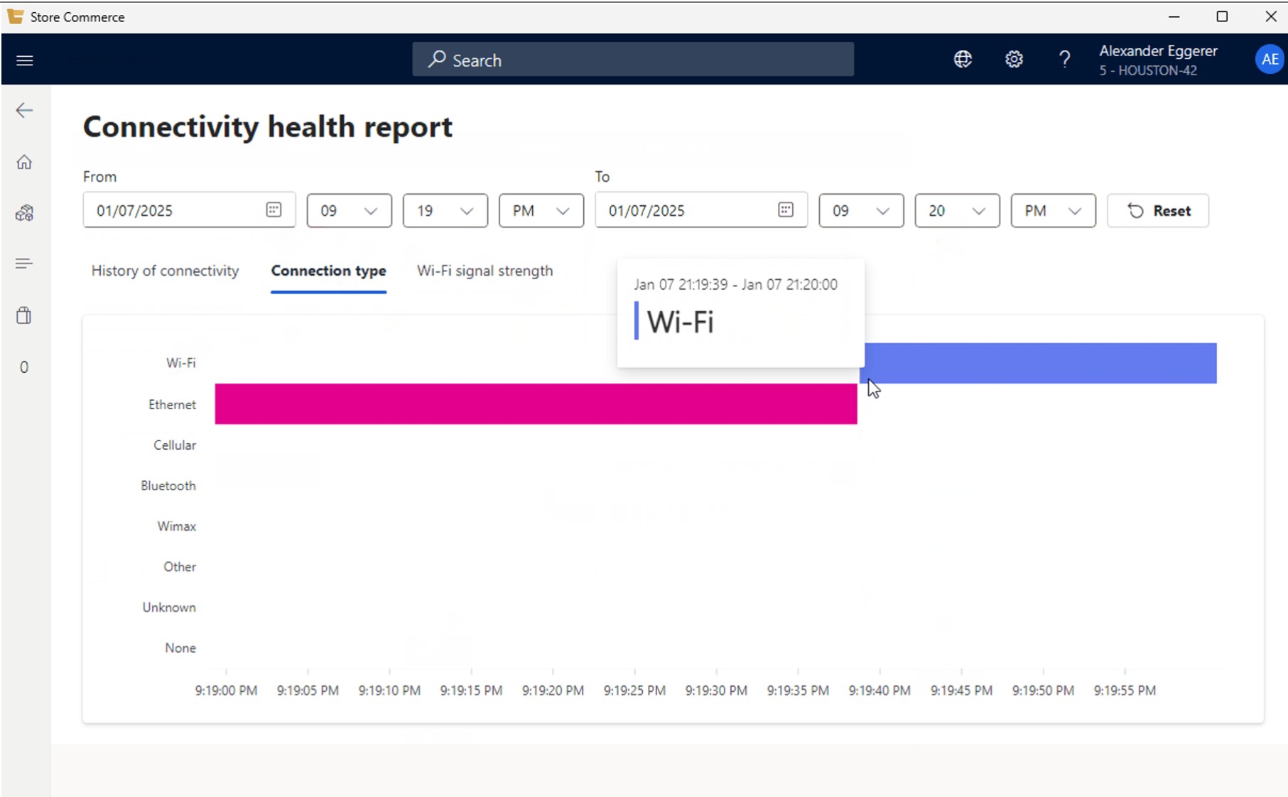 Screenshot that shows an example of a Connection type chart on the Connectivity health report page.