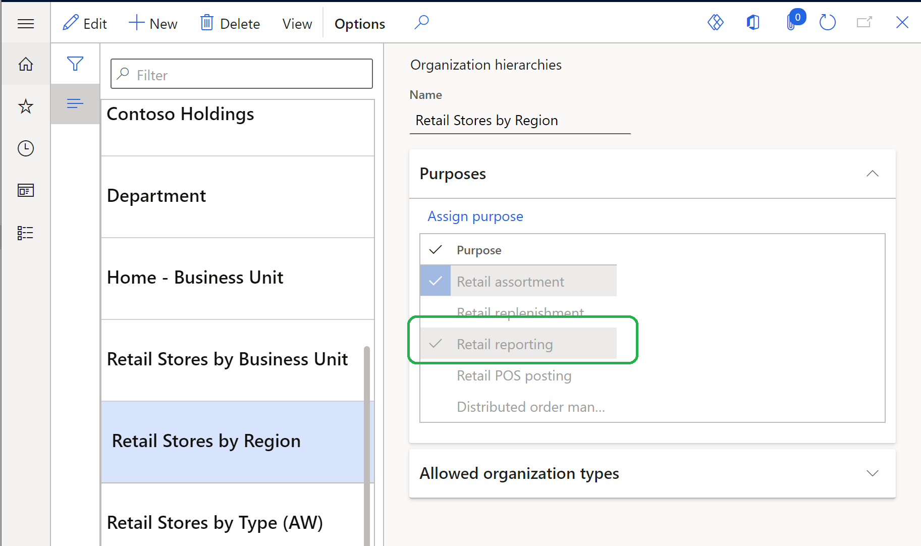 Example of an organization hierarchy purpose in Commerce headquarters.