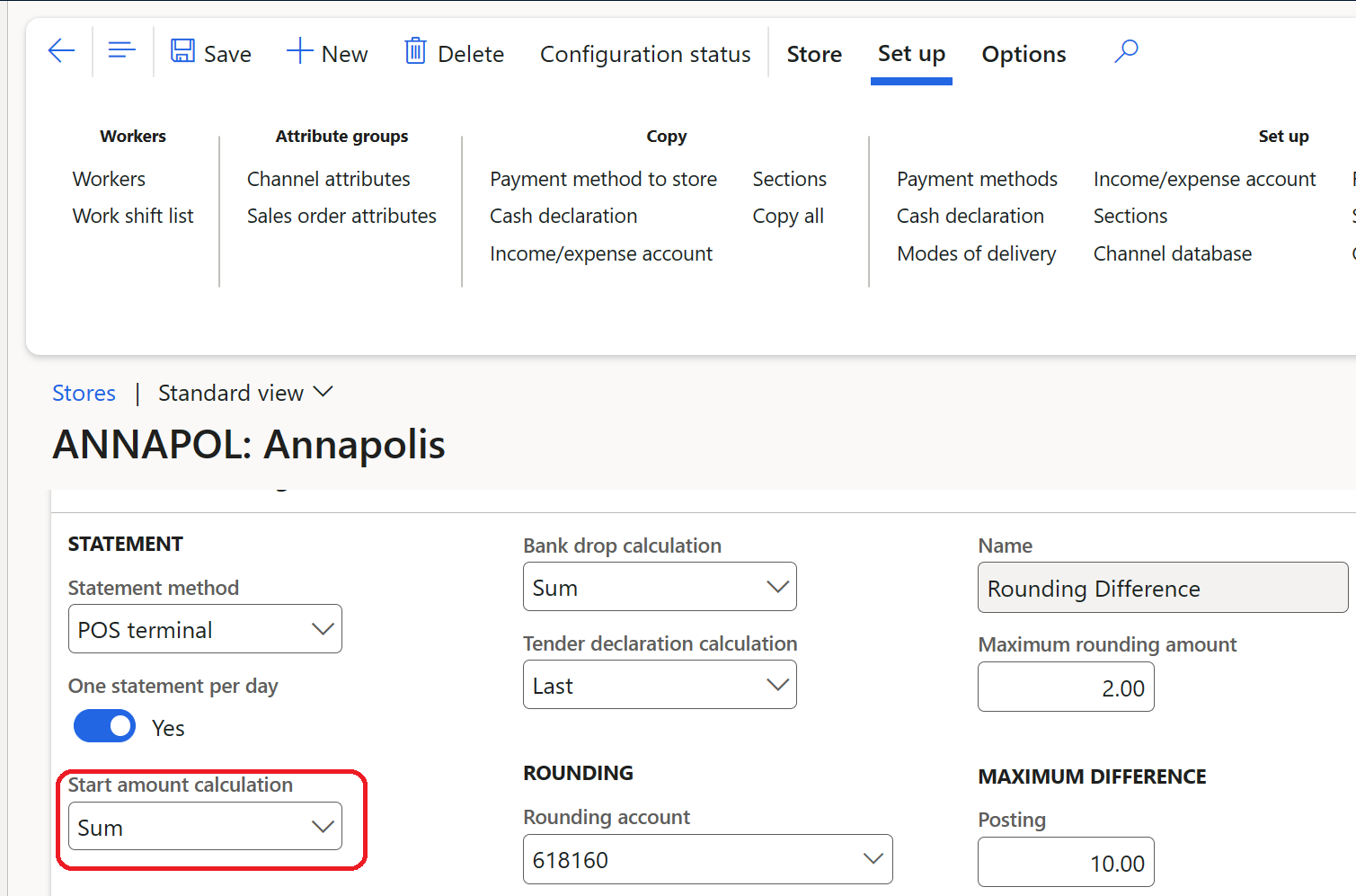 Start amount calculation configuration on the store details form