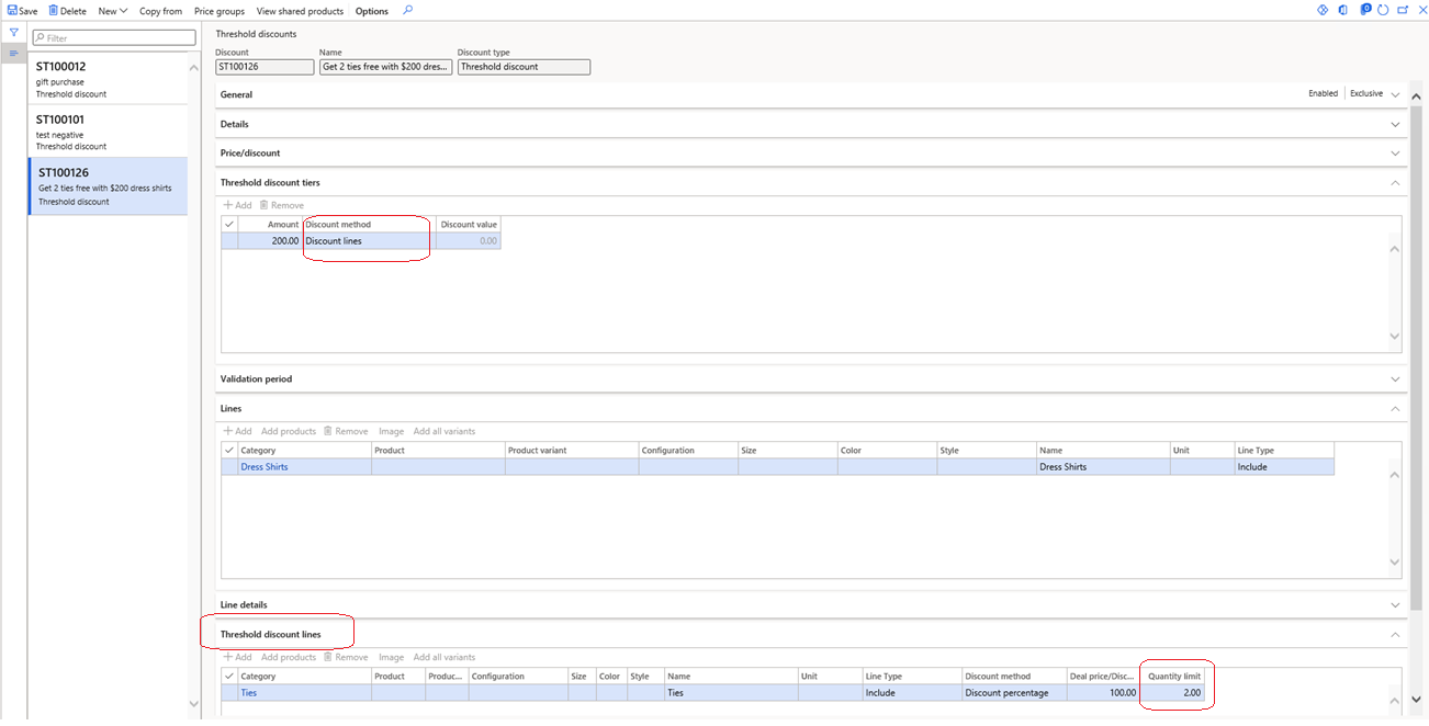 Gift with purchase example configuration in Commerce headquarters.