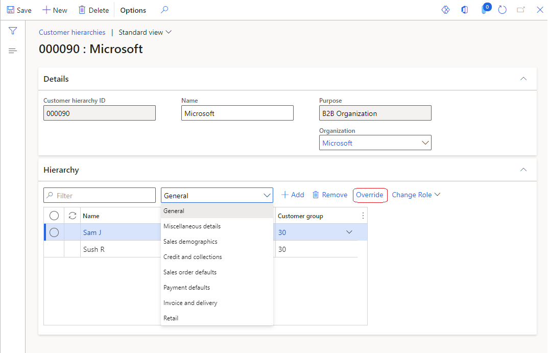 Example of a customer hierarchy record, showing the Override button and the option in the drop-down list.