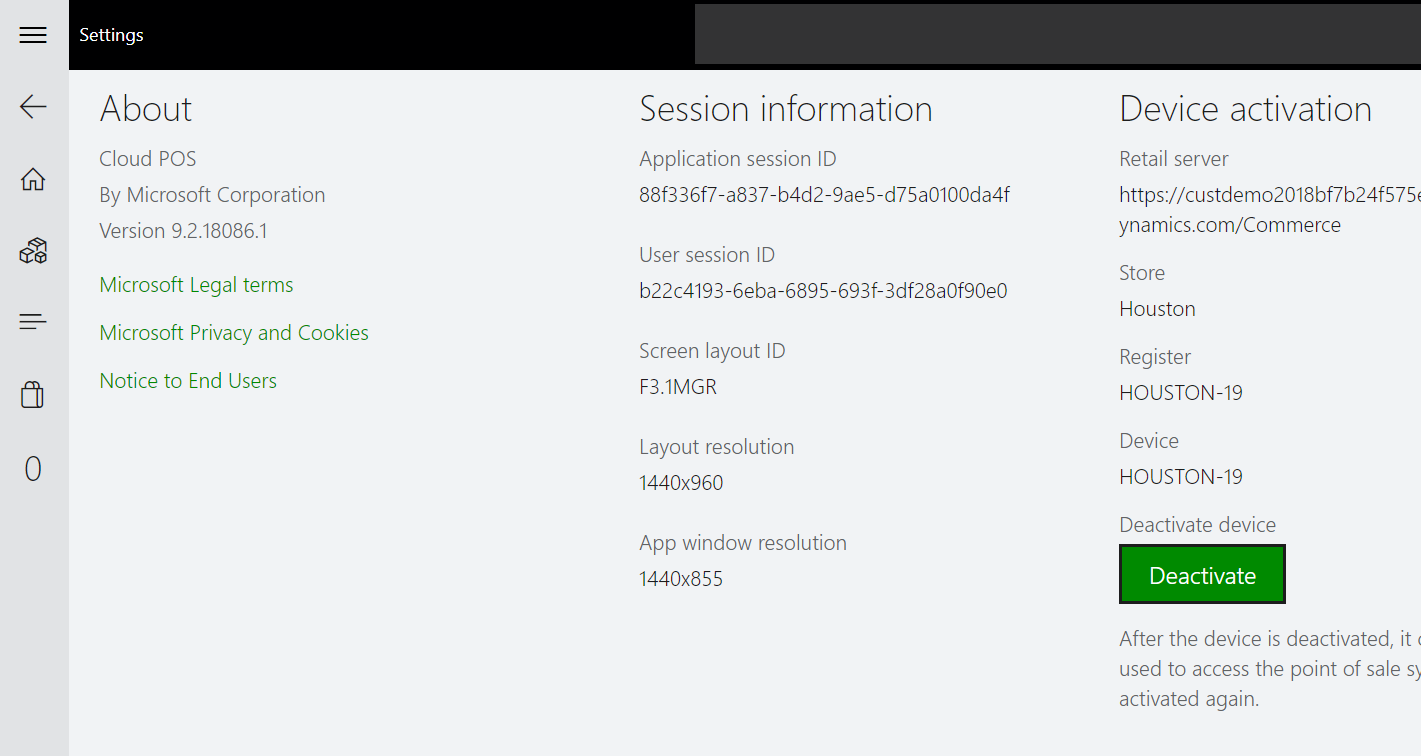 POS session information page showing the currently loaded screen layout, layout size, and resolution of the app window.