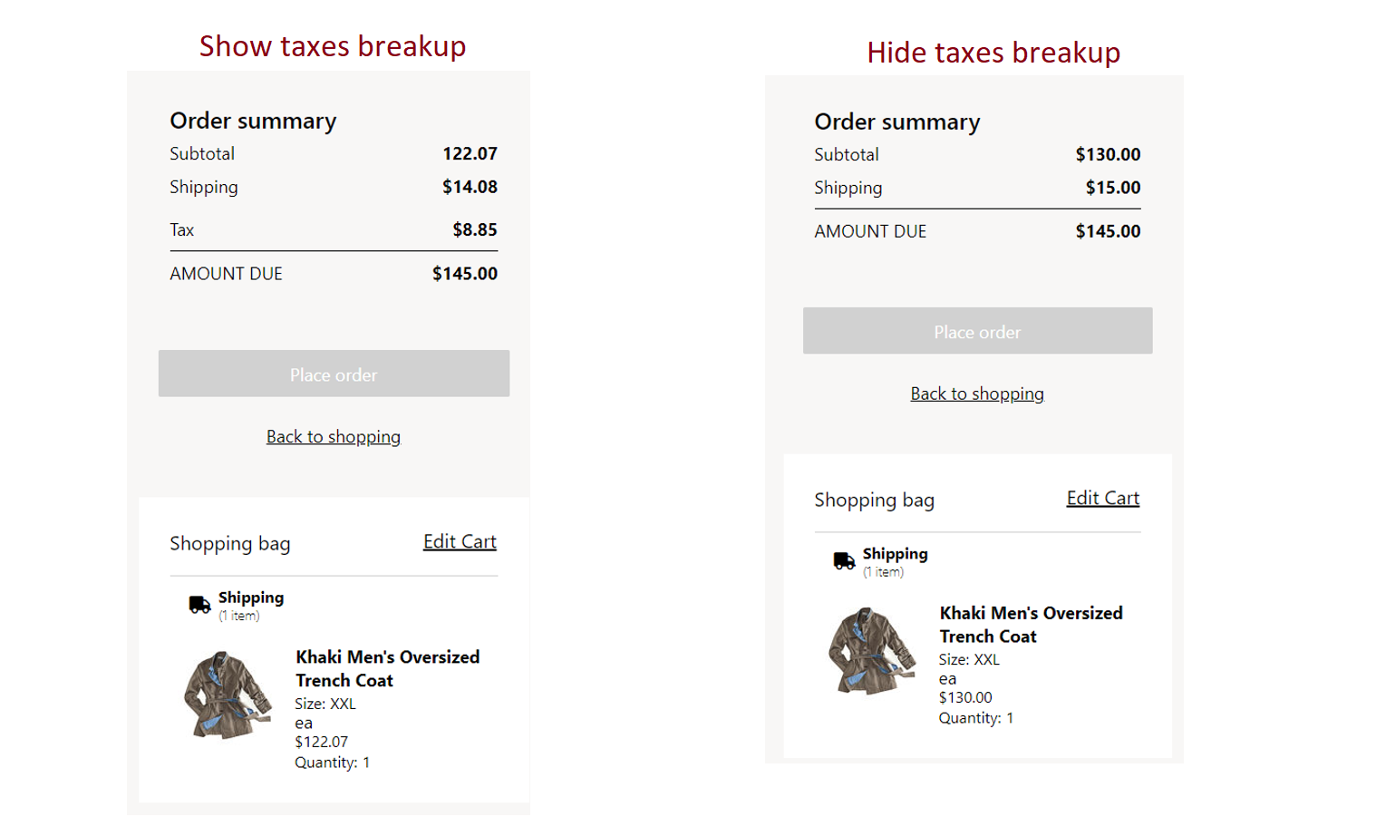 Examples of carts where tax breakup information is shown and hidden.