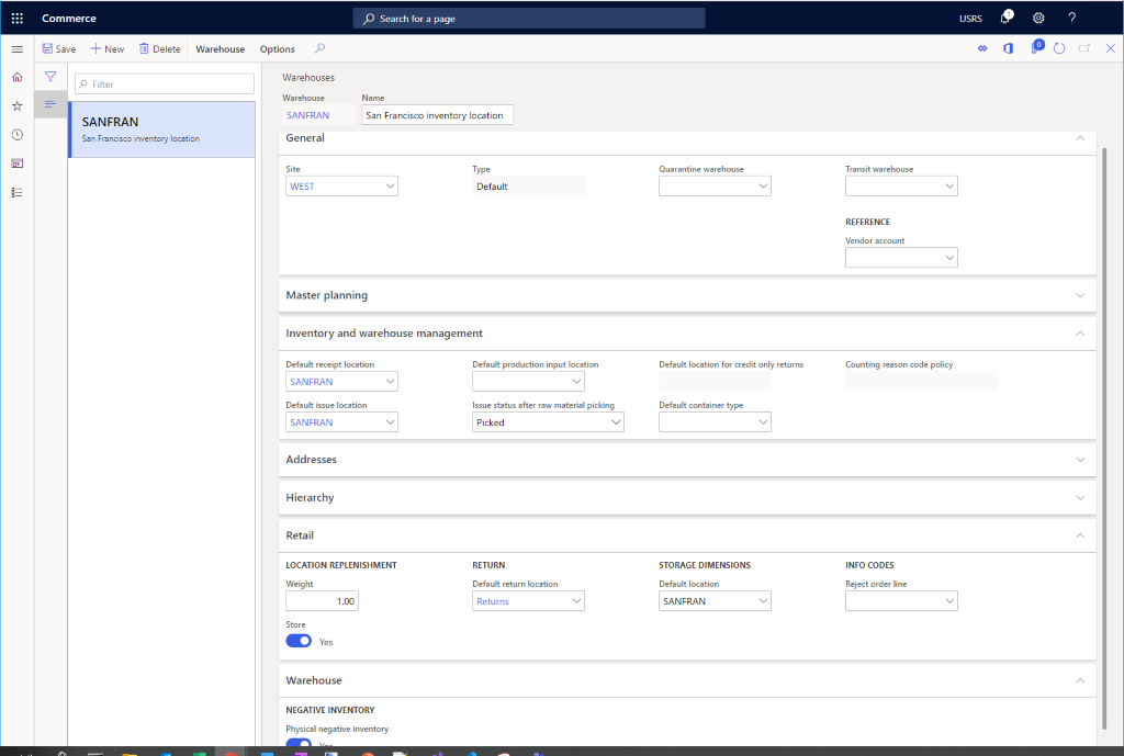 Example configured warehouse.