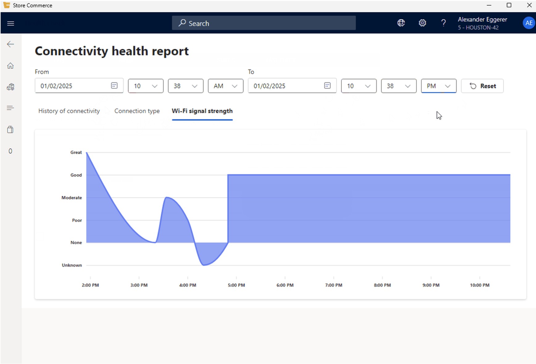 Screenshot that shows an example of a Wi-Fi signal strength chart on the Connectivity health report page.