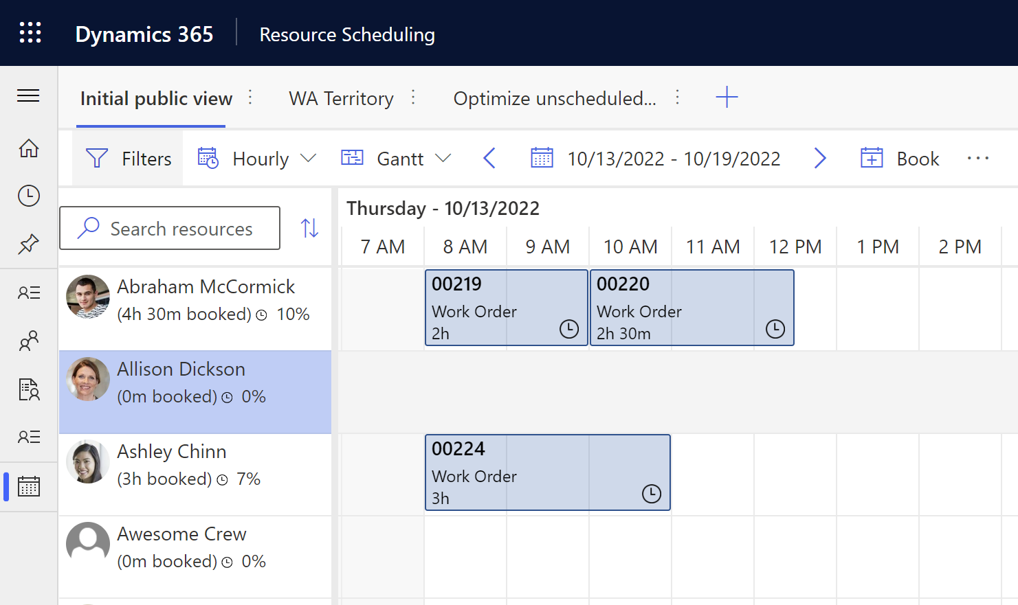 Screenshot of a schedule board with individual resources, a crew, and a crew member.