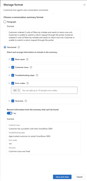 Screenshot of the structured settings for conversation summary