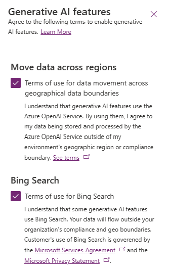 Power Platform Admin center bing chat.