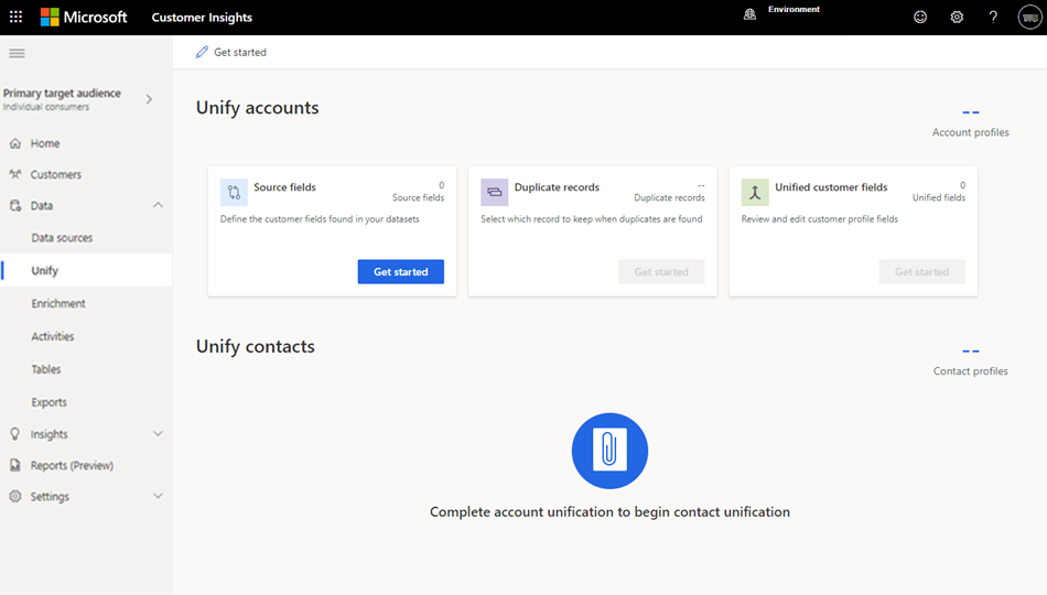 Screenshot of unify landing page for first run experience for business accounts.