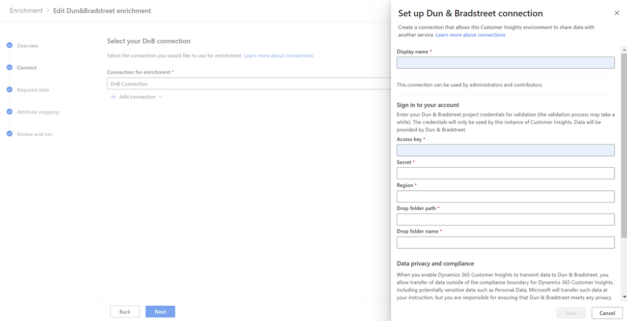 Dun & Bradstreet connection configuration page.