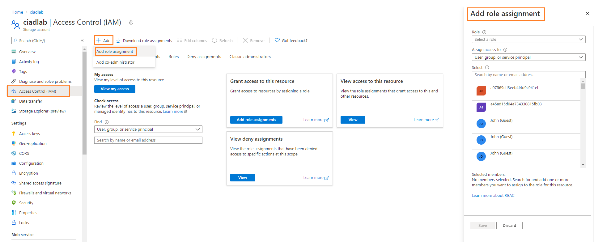 Screenshot showing the Azure portal while adding a role assignment.