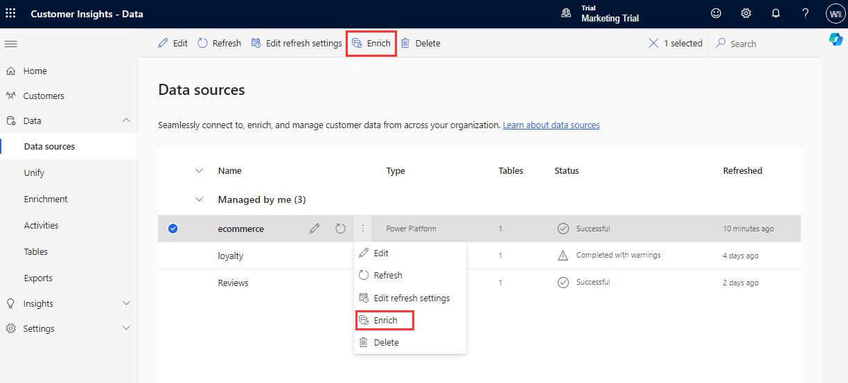 Data sources page with Enrich highlighted