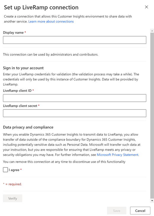 Configuration pane to set up the connection to the LiveRamp AbiliTec service. 