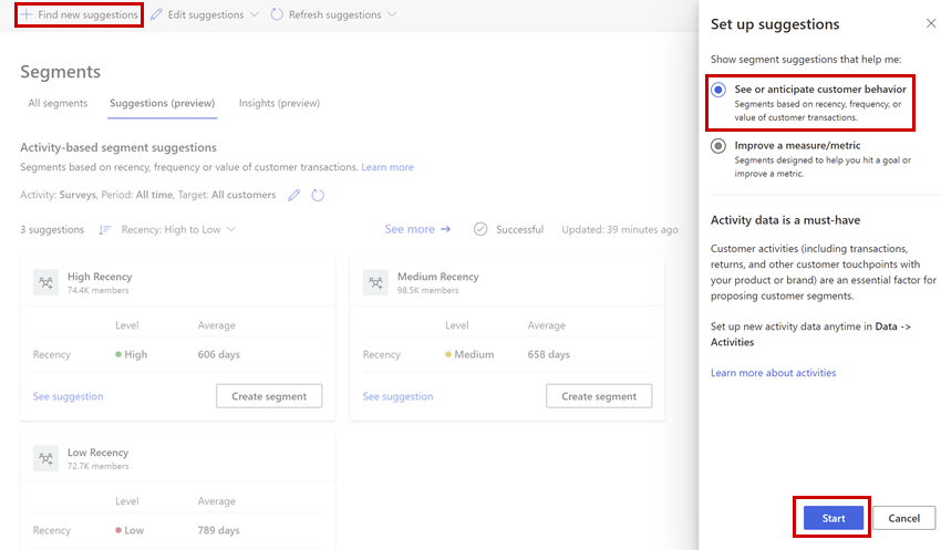 First step of the configuration wizard for a suggested segment based on activity.