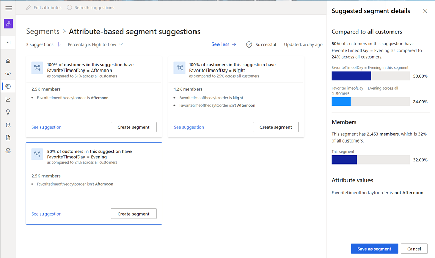 Suggested segments page that shows details of a suggestion in a side pane.