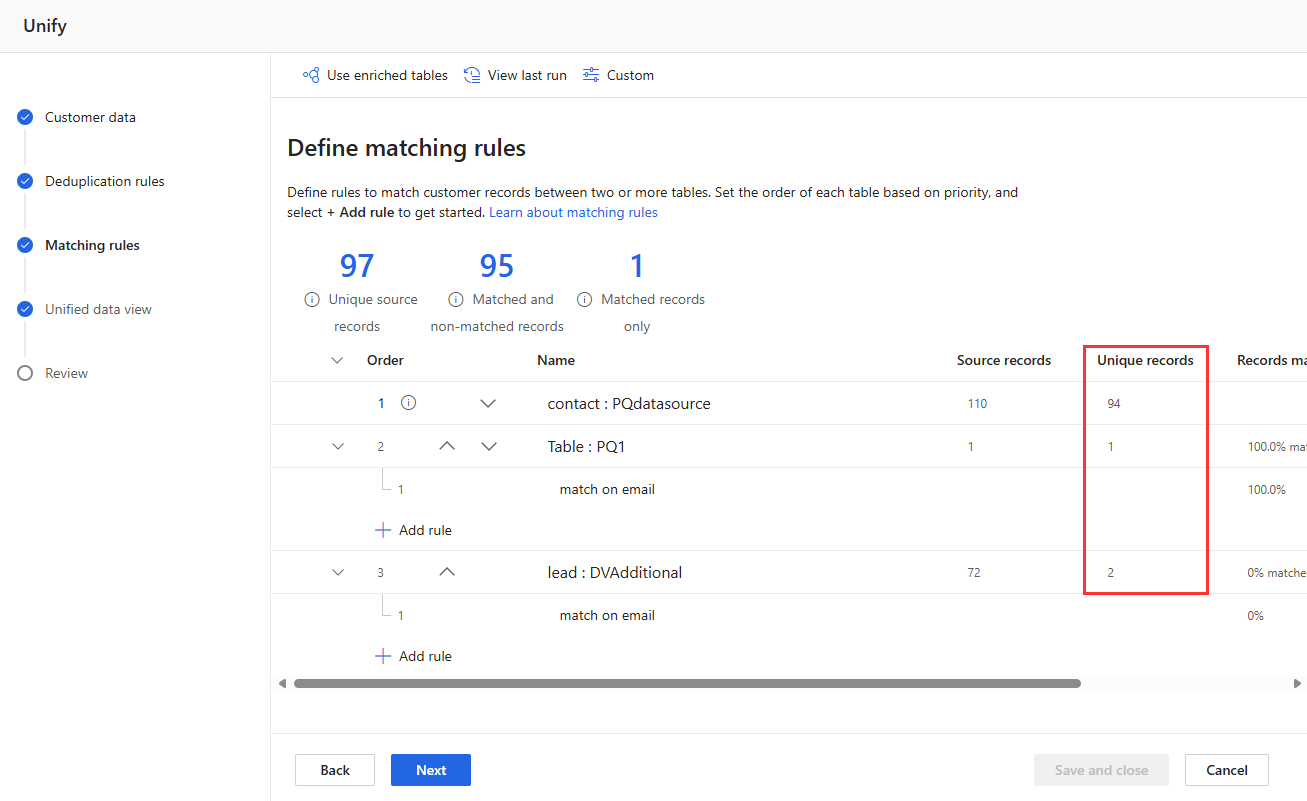 Screenshot of Matching rules page highlighting Unique records.