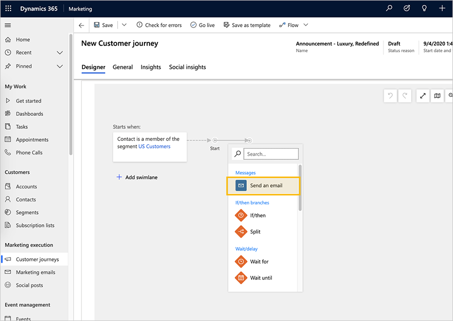 Customer journey send an email tile.