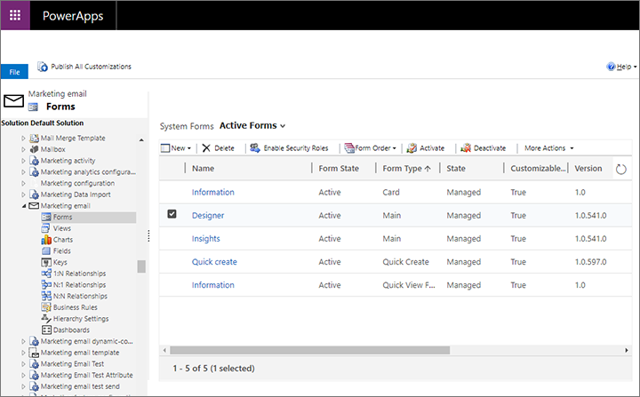 Forms list for the Marketing email entity.