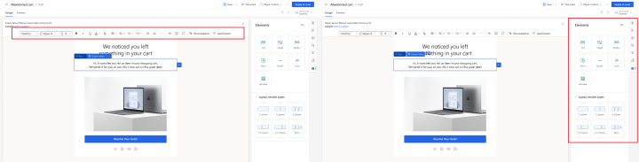 Full-page editor vs. drag-and-drop editor.