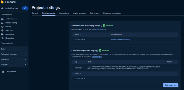 Firebase project settings.