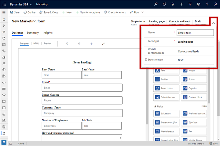 Required fields for a new form.