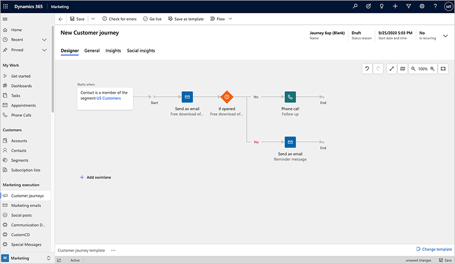 Example customer journey with an activity tile.