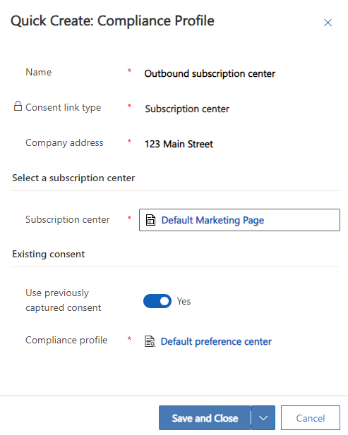 Screenshot of the subscription center compliance profile quick create pane.