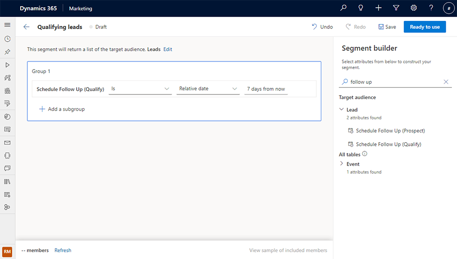 Screenshot of the Customer Insights - Journeys segment builder.