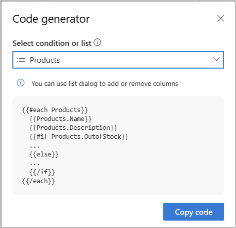 Screenshot showing code generated for adding conditions within list.