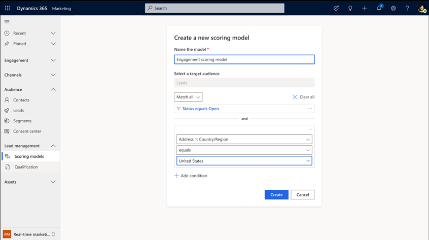 Screenshot of creating a new scoring model