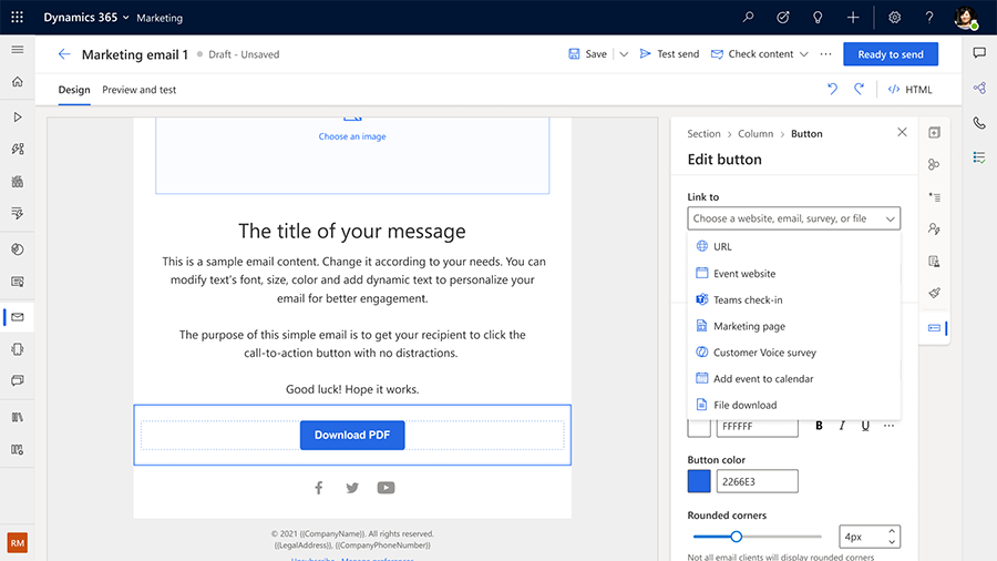 Screenshot of link options for Customer Insights - Journeys email.