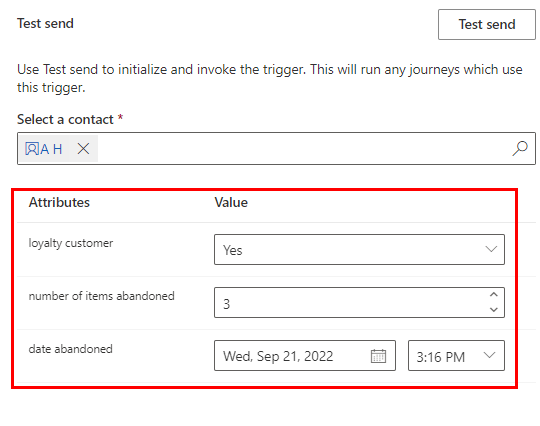 Screenshot of the attribute values filled out for the journey conditions.