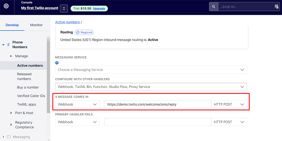 Twilio number config screenshot.