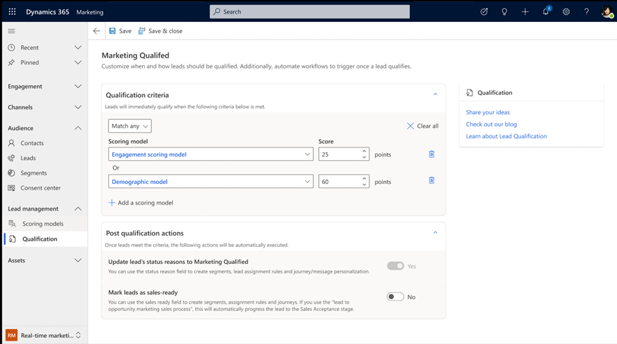 Screenshot showing lead qualification selection criteria