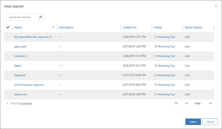 Select segments to add the current contact to.