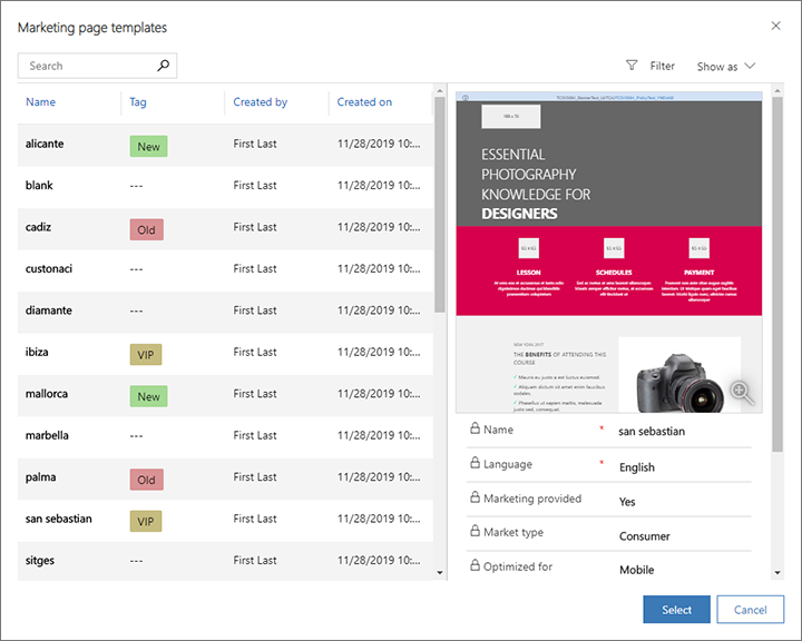 Template gallery with labels in grid view.