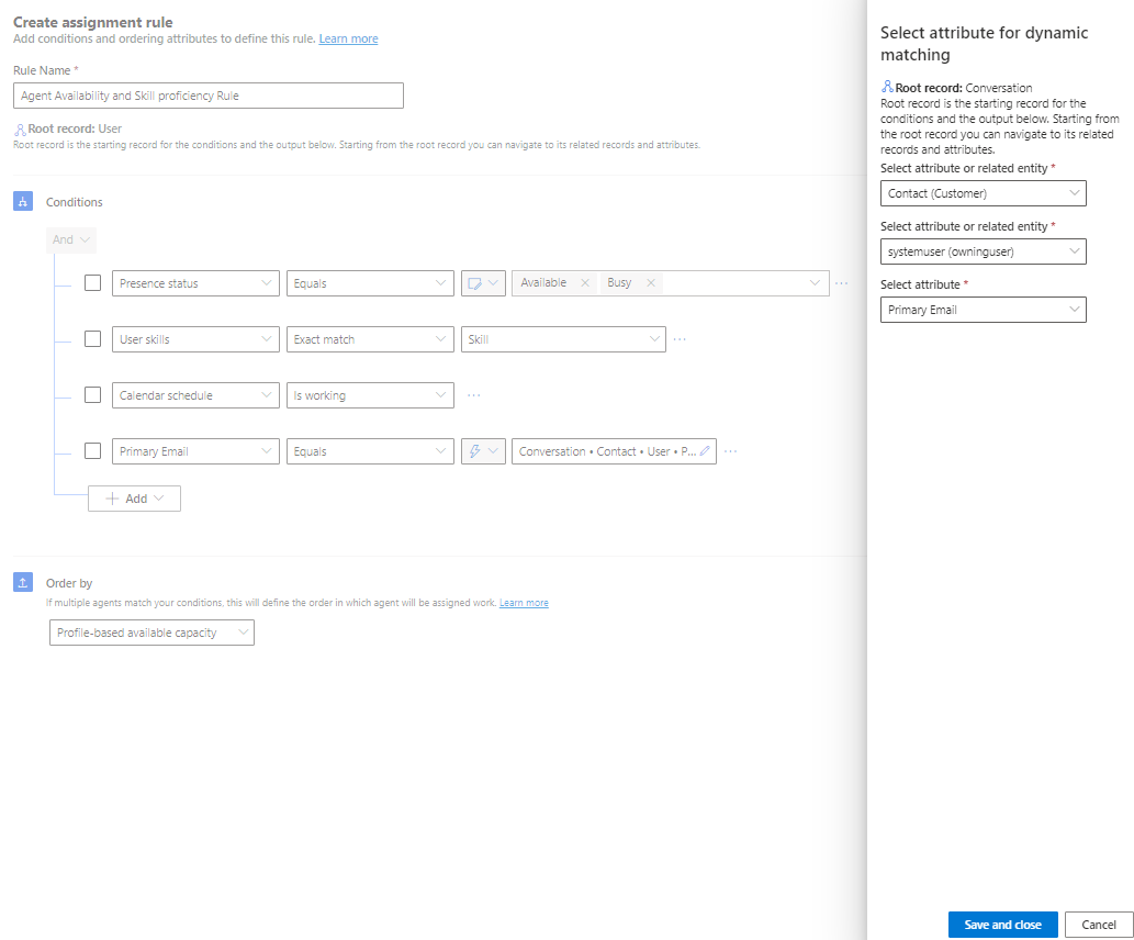 Screenshot of an assignment rule with dynamic match and static match conditions.