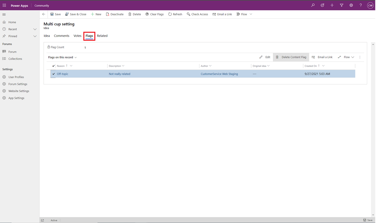 Select the Flags tab in Customer Service Community.