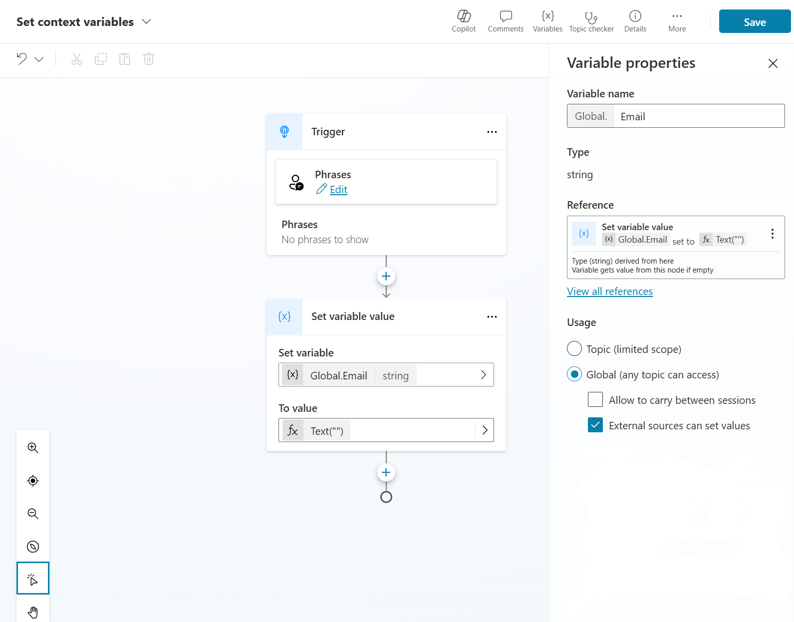 Configure context variable in a topic.