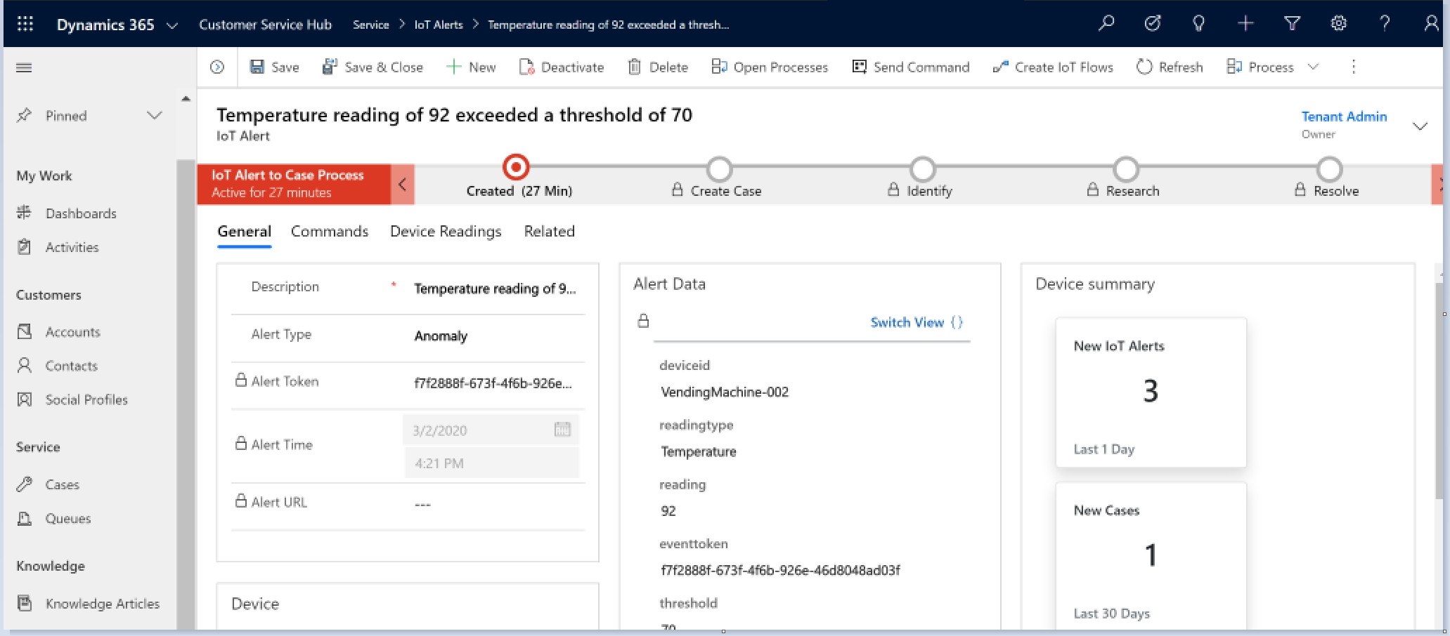 Screenshot of a case with pre-populated IoT alert details.