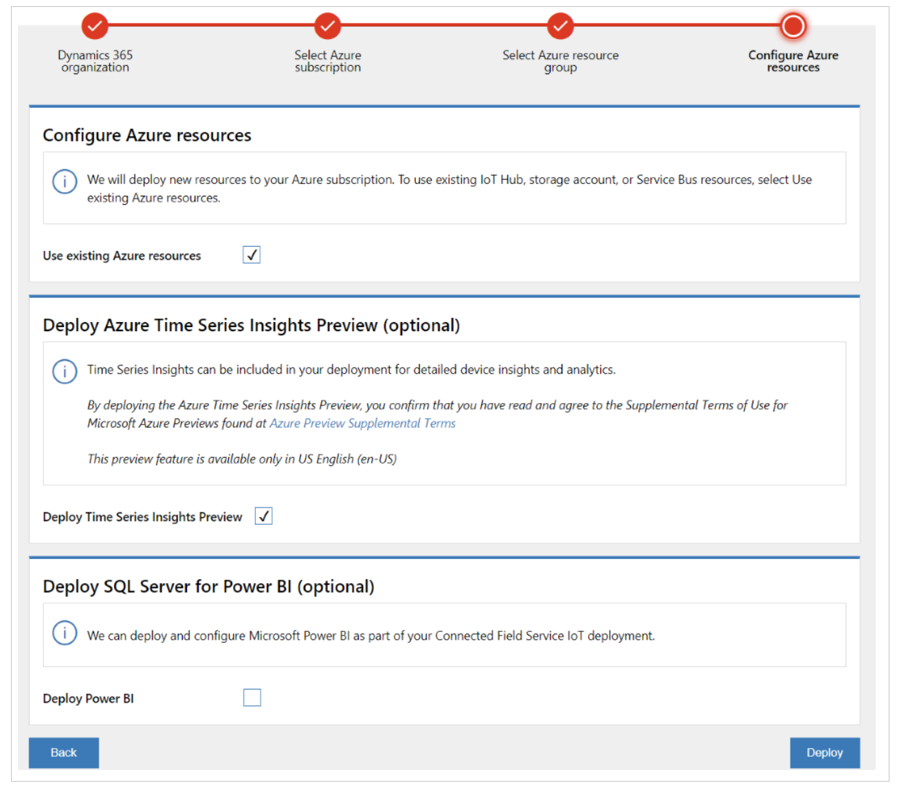 Screenshot of the deployment screen showing configuration of Azure resources.