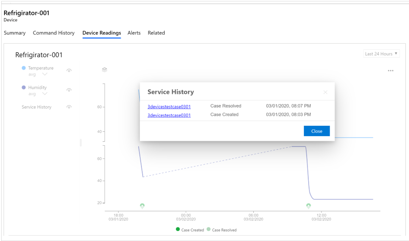 Screenshot of the case history for a device.