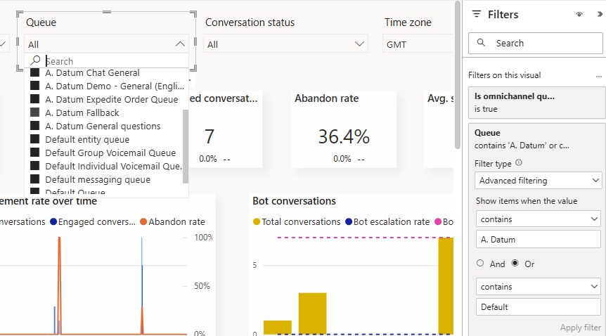 Screenshot describes the Filters pane to customize visual display of queues.