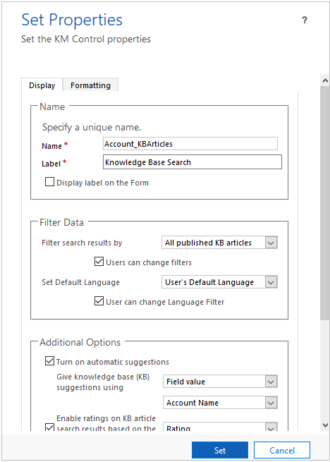 Set properties for Knowledge Base Search control.