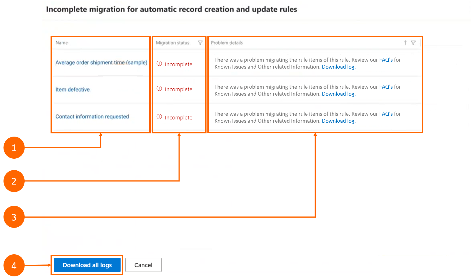 Migration tool - Step 5 - Incomplete migration details.